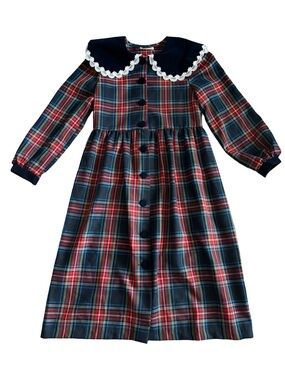 Vintage Bonnie Jean Red and Navy Plaid Long-Sleeve dress with Lace Collar